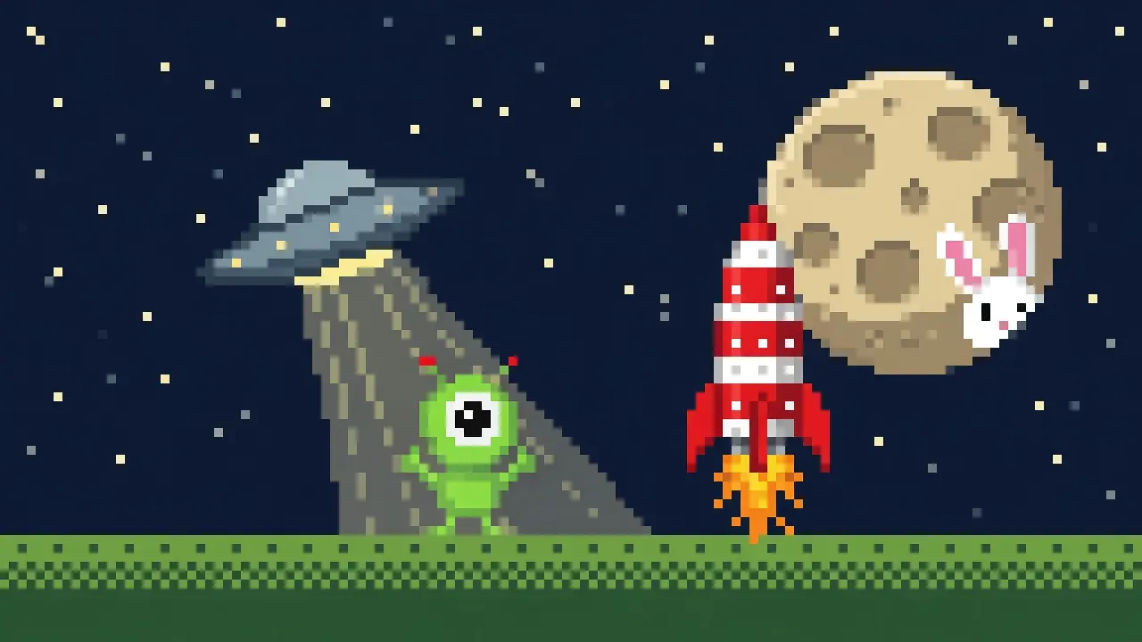 Pixel night scene with a green alien, a rocket, a moon, and a white rabbit